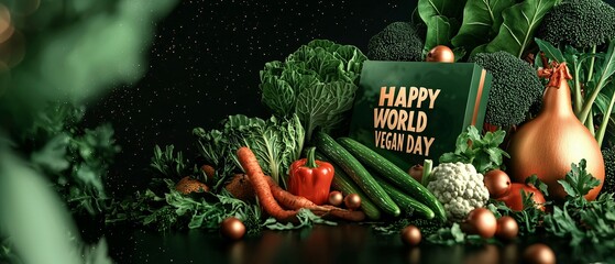 Vibrant Vegan Celebration: Happy World Vegan Day Banner with Fresh Fruits and Vegetables on Green Background