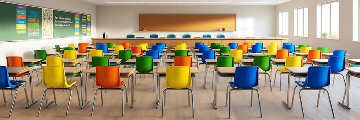 Empty classroom with colorful chairs and large windows. Back to school concept
