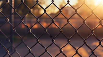 Naklejka premium Golden sunset light peeking chain-link fence