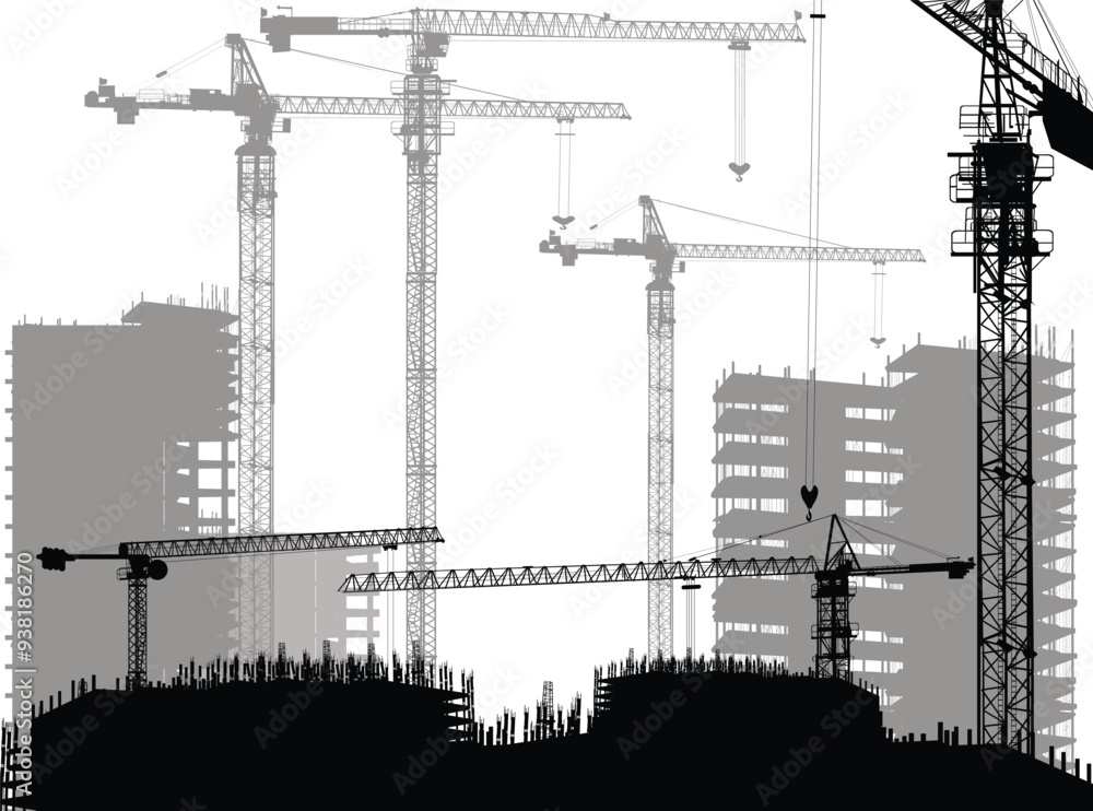 Wall mural isolated building and industrial black and grey cranes