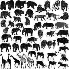 large set of animals black isolated sketches