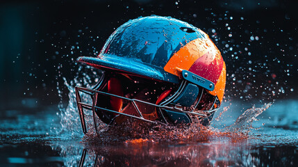 A vibrant cricket helmet splashes in water, showcasing dynamic moment filled with energy and...