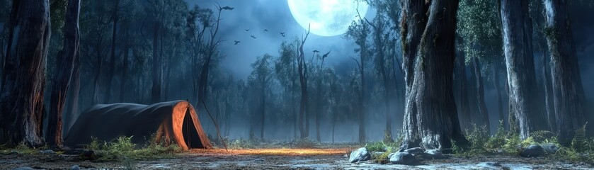 Spooky safari camp in a haunted wilderness on Halloween night