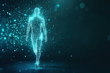 Glowing digital human form with particles on blue.
