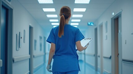 A woman in a blue scrubs is walking down a hallway