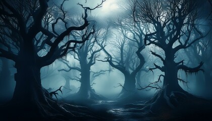 Eerie Silhouetted Trees in Haunted Forest Background