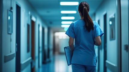 A woman in a blue scrubs is walking down a hallway