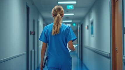 A woman in a blue scrubs is walking down a hallway