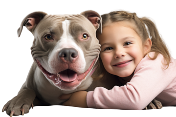 Pitbull hugging children isolated on white background