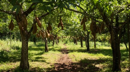 Obraz premium Lush tropical tamarind orchard with dense foliage and ripe tamarind fruits hanging from the branches offering ample negative space for text or design overlay