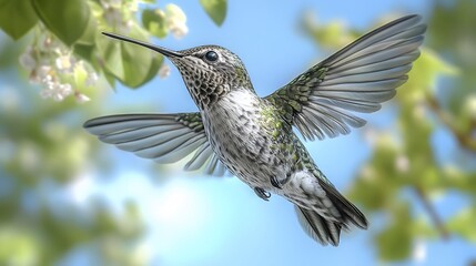 Obraz premium Bee Hummingbird Flying Under Blue Sky, Photo Realistic, Pattern Background, Wallpaper, Cover and Screen for Smartphone, Cell Phone, Computer, Laptop, 9:16 and 16:9 Format
