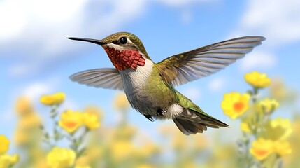 Fototapeta premium Bee Hummingbird Flying Under Blue Sky, Photo Realistic, Pattern Background, Wallpaper, Cover and Screen for Smartphone, Cell Phone, Computer, Laptop, 9:16 and 16:9 Format