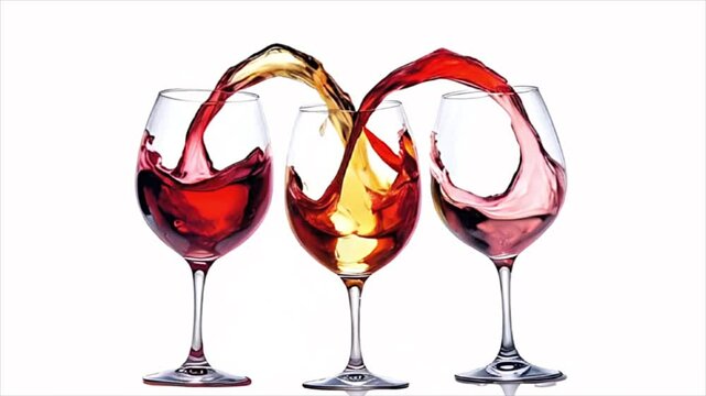 Wine glasses filled with red, white and rose wines. Liquid splashing slow motion