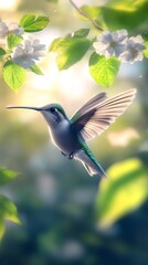 Obraz premium Bee Hummingbird Flying Under Blue Sky, Photo Realistic, Pattern Background, Wallpaper, Cover and Screen for Smartphone, Cell Phone, Computer, Laptop, 9:16 and 16:9 Format