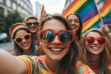 Portrait of a group happy young people with colorful lgbt flags, gay pride month concept