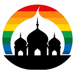 Mosque silhouette with a vibrant rainbow moon vector illustration. T-shirt design vector art.