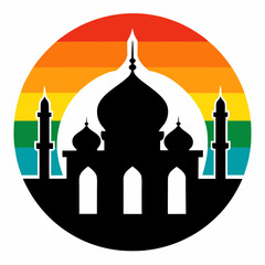 Mosque silhouette with a vibrant rainbow moon vector illustration. T-shirt design vector art.