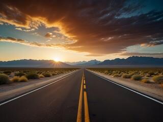 Fototapeta premium Empty asphalt road, Adventure road in desert. Generative AI