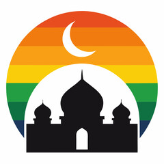 Mosque silhouette with a vibrant rainbow moon vector illustration. T-shirt design vector art.