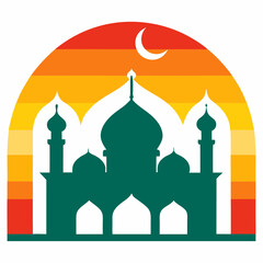 Mosque silhouette with a vibrant rainbow moon vector illustration. T-shirt design vector art.