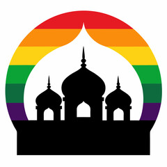 Mosque silhouette with a vibrant rainbow moon vector illustration. T-shirt design vector art.
