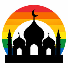 Mosque silhouette with a vibrant rainbow moon vector illustration. T-shirt design vector art.
