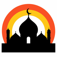 Mosque silhouette with a vibrant rainbow moon vector illustration. T-shirt design vector art.