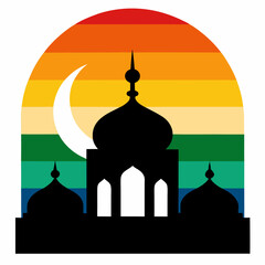 Mosque silhouette with a vibrant rainbow moon vector illustration. T-shirt design vector art.