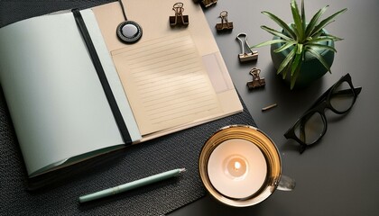 Elegant Flat Lay Featuring Stylish Stationery and Refined Lighting