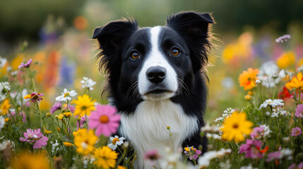 Fototapeta premium A beautiful Border Collie sits amid a vibrant field of wildflowers, exuding calm and attentiveness, suitable for themes of nature, companionship, and tranquility,