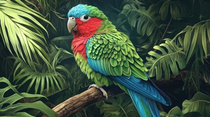 Fototapeta premium A green and red parrot is perched on a branch in a lush green forest