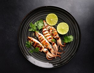 Elegant Flat Lay of Grilled Squid with Lime and Coriander Garnish