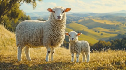 Fototapeta premium A mother sheep and her lamb stand on a sunlit grassy hillside with rolling countryside in the background, perfect for rural life, farming, and nature-related themes,