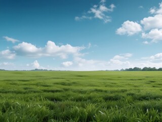 Fototapeta premium Big Field Of Green Grass With Cloudy Blue Sky - Generative Ai