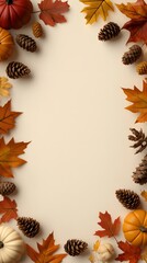 A frame featuring autumn leaves, pumpkins, cones, and additional leaves on a beige background.