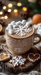 A cozy, warm scene featuring a festive cup of hot chocolate topped with marshmallows and a beautifully decorated snowflake-shaped gingerbread cookie resting on the edge on the rustic wooden coaster