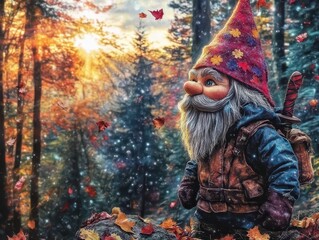 Fototapeta premium Autumn forest with a boho gnome and Halloween decorations