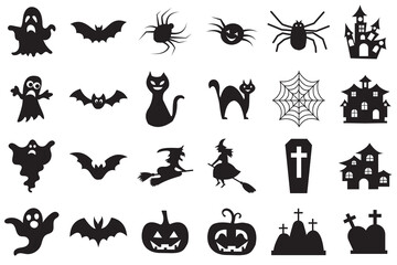 Halloween icons, vector set. Set of Halloween icon silhouettes. Spooky decorations, Halloween celebration icon template decoration. Vector illustration. 