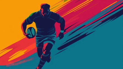 Dynamic silhouette of a rugby player in action with colorful streaks, representing energy and athleticism in sports.