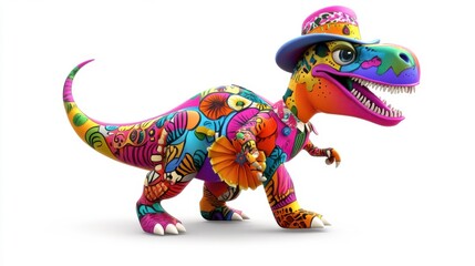 A colorful dinosaur with a hat and a big smile