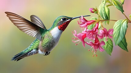 Naklejka premium Bee Hummingbird Sucking Nectar from Flower, Realistic Photo, Pattern Background, Wallpaper, Cover and Screen for Smartphone, Cell Phone, Computer, Laptop, 9:16 and 16:9 Format