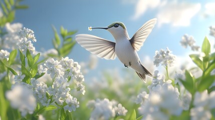 Obraz premium Bee Hummingbird Sucking Nectar from Flower, Realistic Photo, Pattern Background, Wallpaper, Cover and Screen for Smartphone, Cell Phone, Computer, Laptop, 9:16 and 16:9 Format