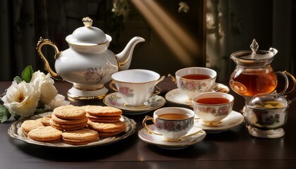 Fototapeta premium Elegant Tea Time Setting with Assorted Teas and Biscuits for Afternoon Refreshment