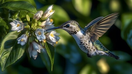 Fototapeta premium Bee Hummingbird Sucking Nectar from Flower, Realistic Photo, Pattern Background, Wallpaper, Cover and Screen for Smartphone, Cell Phone, Computer, Laptop, 9:16 and 16:9 Format