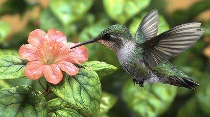 Naklejka premium Bee Hummingbird Sucking Nectar from Flower, Realistic Photo, Pattern Background, Wallpaper, Cover and Screen for Smartphone, Cell Phone, Computer, Laptop, 9:16 and 16:9 Format