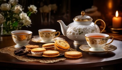 Fototapeta premium Elegant Tea Time Setting with Assorted Teas and Biscuits for Afternoon Refreshment