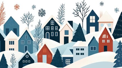 Charming winter village scene featuring colorful houses, snowy landscape, and evergreen trees, perfect for holiday themes.