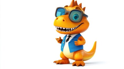 Fototapeta premium A cartoon dinosaur wearing glasses and a blue vest is smiling