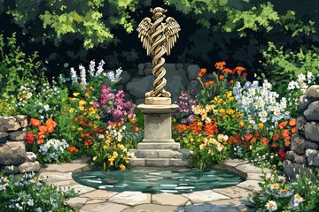 Serpent and Staff Caduceus Healing Garden Various Hermeticism, Greek Mythology Religion Spiritual Symbol