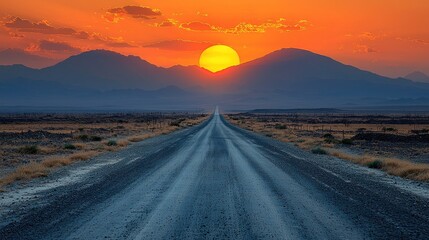 Open road stretching into the distance with a vibrant orange sunset over the mountains